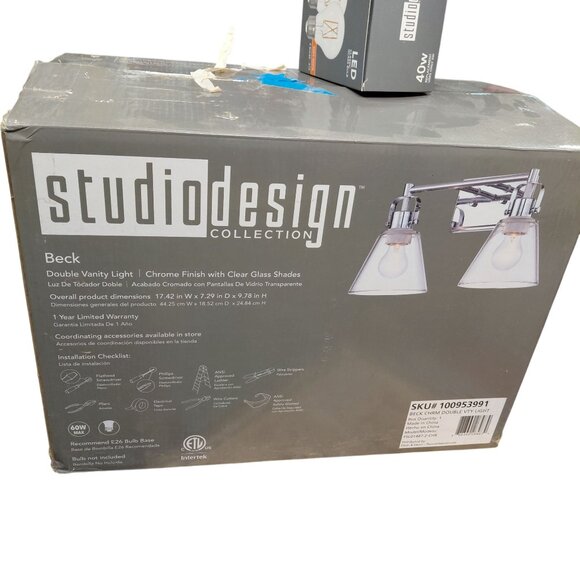 Studio Design Beck Chrm bathroom sink light fixture new silver tone extra bulbs - Picture 8 of 9